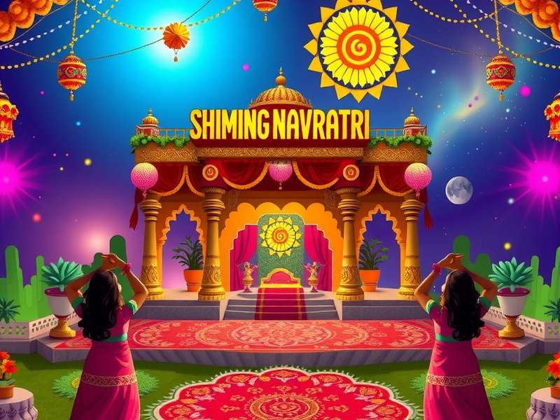 Shining Navratri game banner featuring vibrant mandap decorations, garba dancers, and traditional rangoli designs